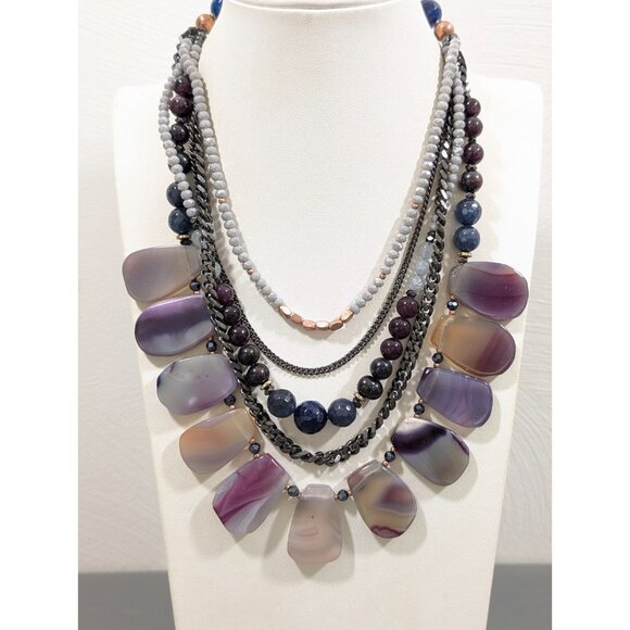 Nakamol Jewelry - Nakamol Stone Beaded Statement Necklace Boho Layered Bib Gray Chain 18 in